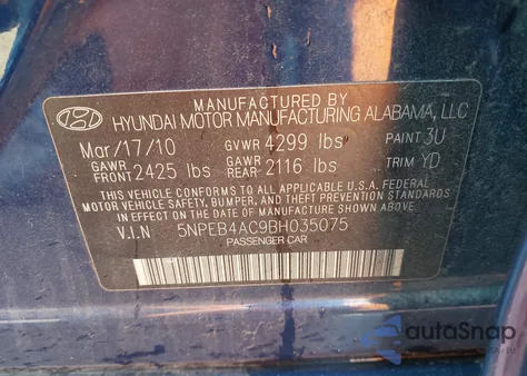 2011 Hyundai Sonata Gls z USA, uszkodzony, nr VIN 5NPEB4AC9BH035075